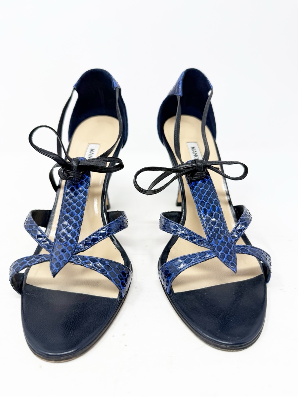Manolo Blahnik Blue Python Strappy Tie Sandal Heels Womens Size EU 37.5 - Picture 4 of 11